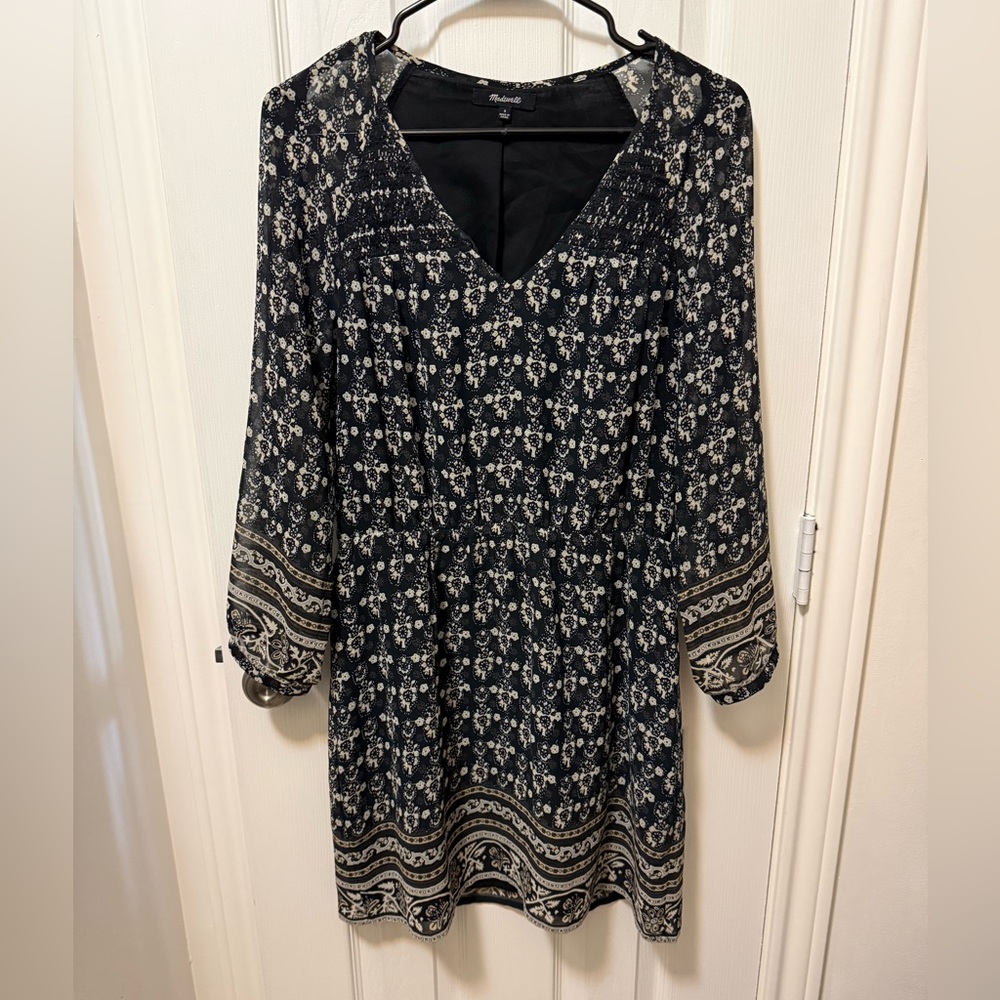Madewell Black and Cream Floral Peasant Dress